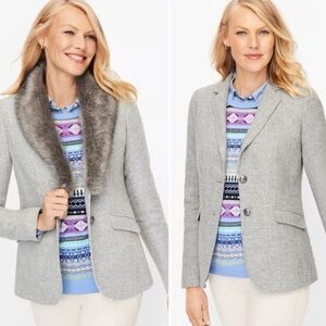 Talbots Women’s Shetland Blazer Jacket Light Gray Removable Faux Fur Trim Sz 12